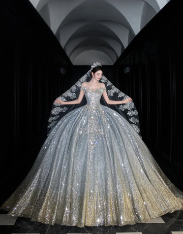 Shiny Rhinestone Beaded Silver Sequin Ball V Neck Prom Dress Evening Dress Party Dress HZ1023